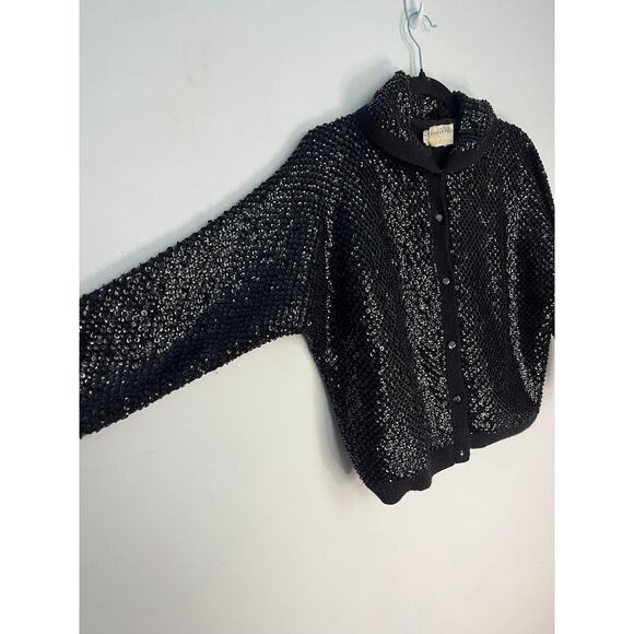 Riviera Sequin Wool Cardigan Sweater Womens‎ 40 Black Vintage Beaded Button Up - Picture 6 of 8